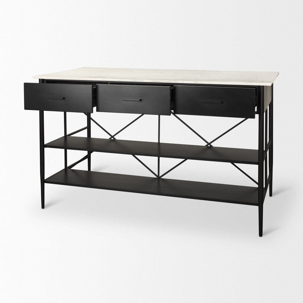 34" White and Black Marble and Metal Kitchen Island With Storage. Kitchen cart isolated on a plain white background, showing a black metal surface.