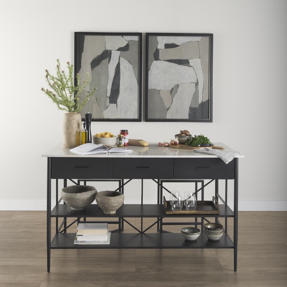 34" White and Black Marble and Metal Kitchen Island With Storage. Kitchen cart in black metal.