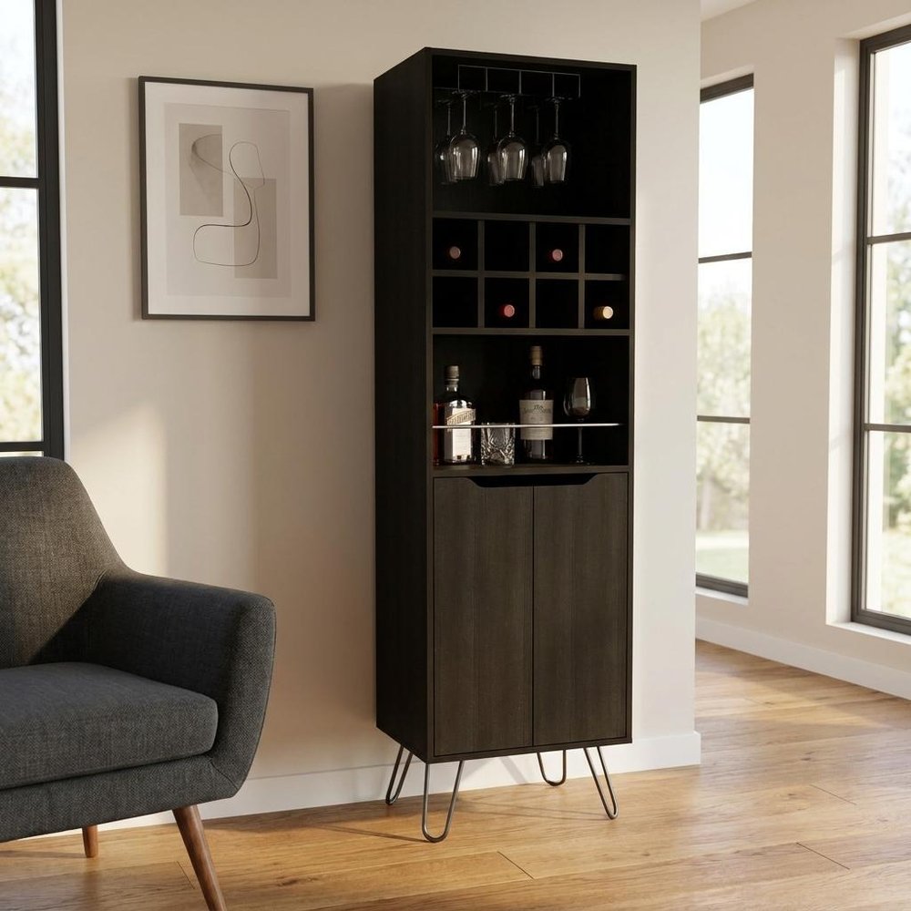 16" Black Wood Bar Cart styled in a furnished interior with a tan wall on a wood floor.