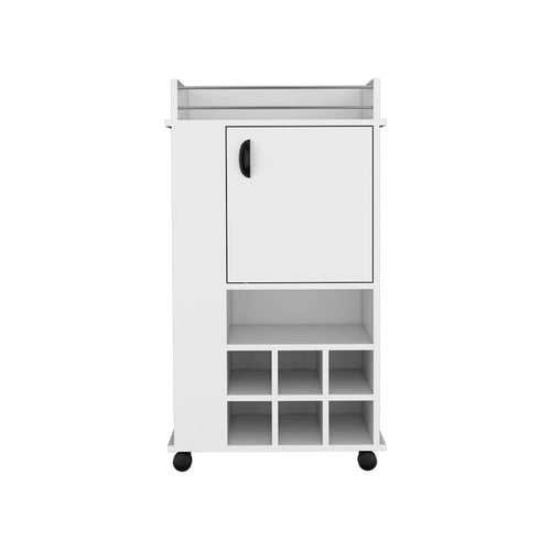 White wood bar cart with a cabinet and six cubbies for bottles, on black wheels, against a white background.
