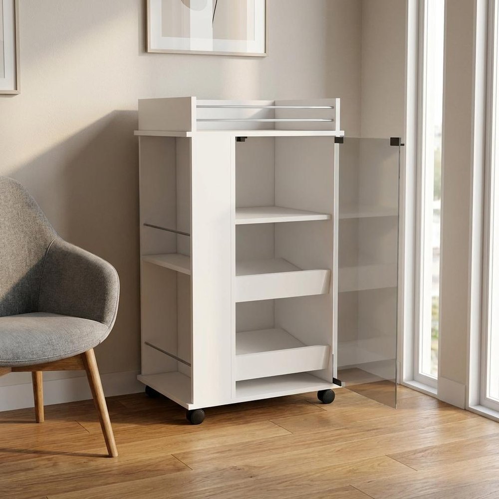 16" White Wood Bar Cart styled in a furnished interior with a cream wall on a wood floor.