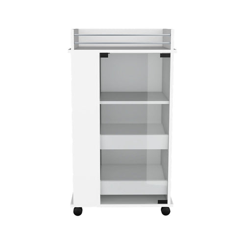 White wood bar cart with three shelves and chrome rails on top, shown against a white background.