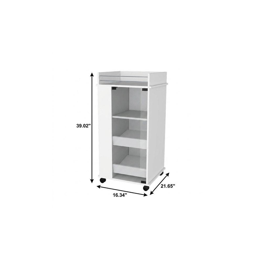 16" White Wood Bar Cart. Bar cart isolated on a plain white background, showing a white wood surface.