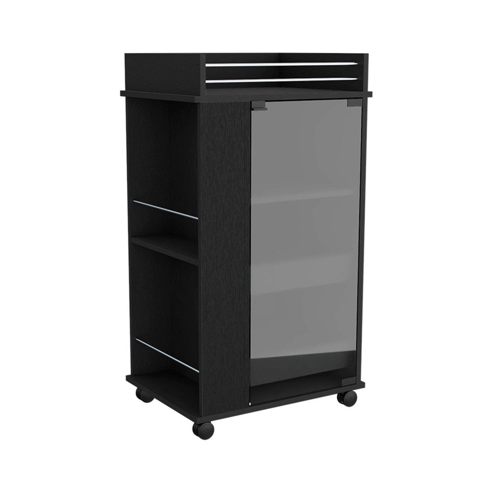 Black wood bar cart with glass door and open shelves, on wheels, against a white background.
