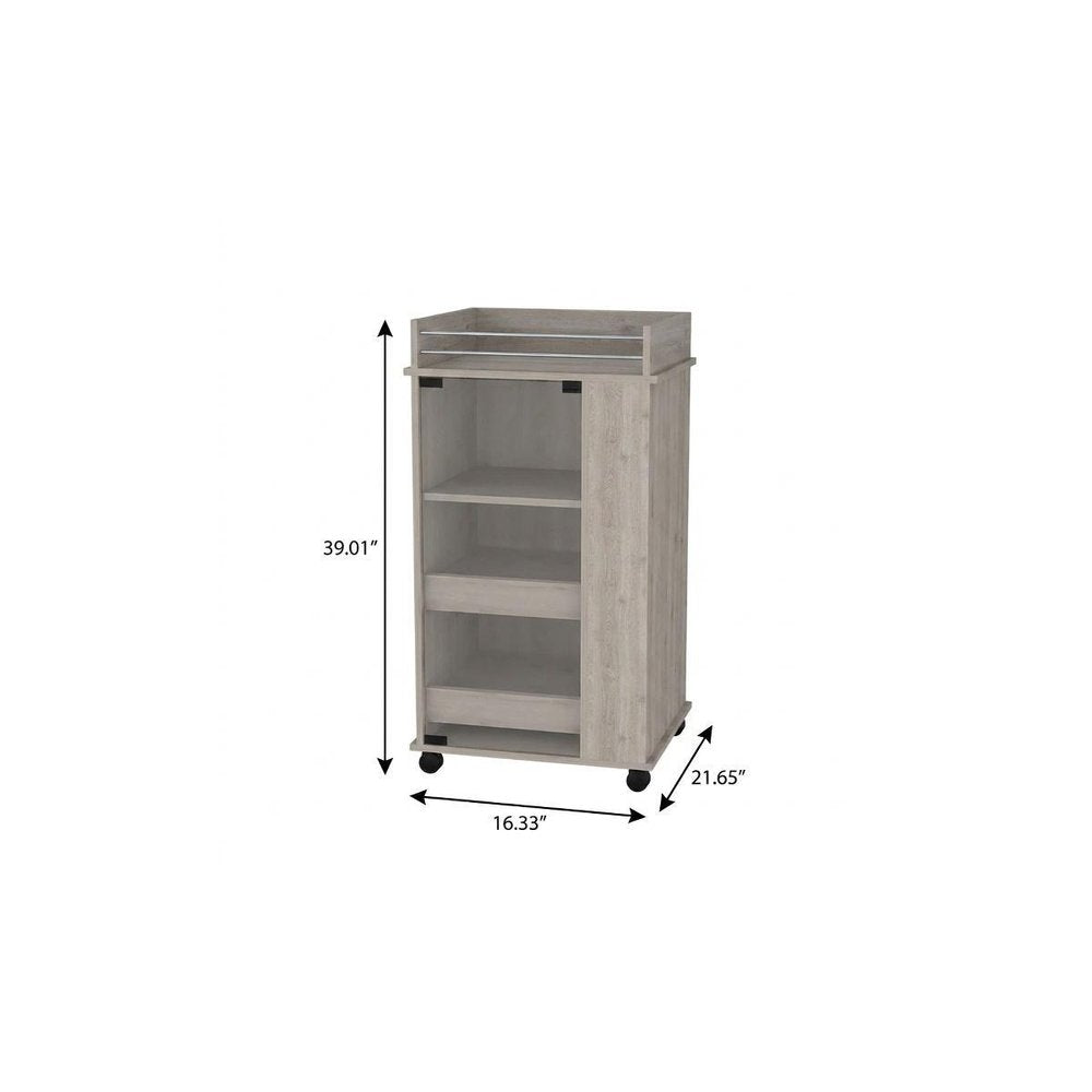16" Gray Wood Bar Cart. Bar cart isolated on a plain white background, showing a gray wood surface.