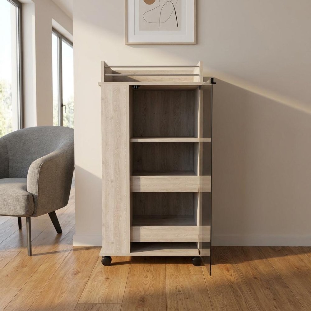 16" Gray Wood Bar Cart styled in a furnished interior with a tan wall on a wood floor.