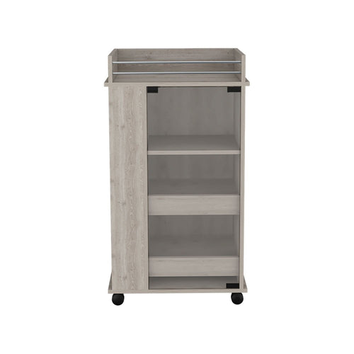 Gray wood bar cart with shelves and wheels on a white background.