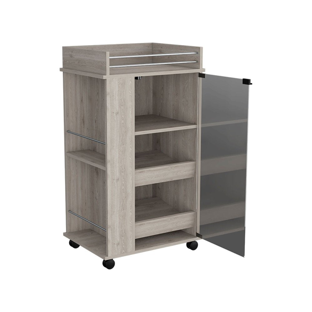 16" Gray Wood Bar Cart. Bar cart isolated on a plain white background, finished in gray wood.