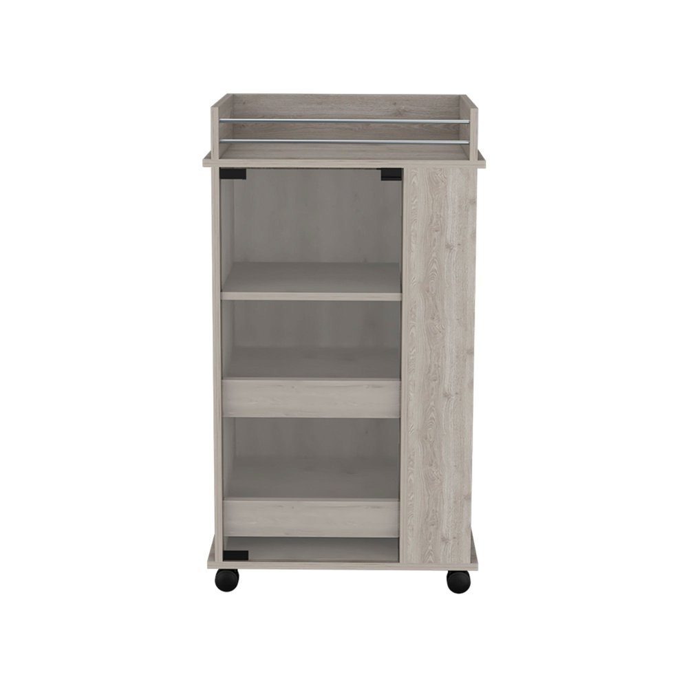 16" Gray Wood Bar Cart. Bar cart isolated on a plain white background, finished in gray wood.