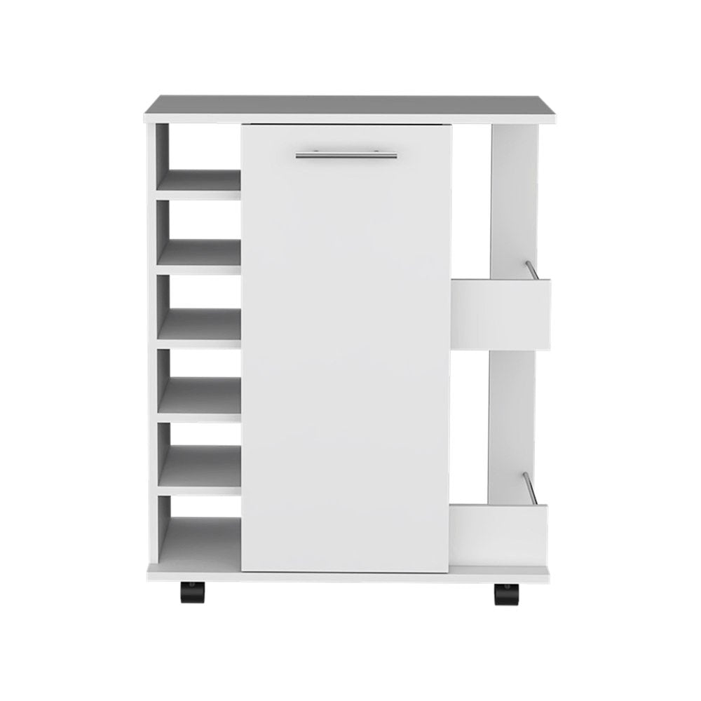White wood bar cart with open shelves on the left and a cabinet door on the right, on a white background.