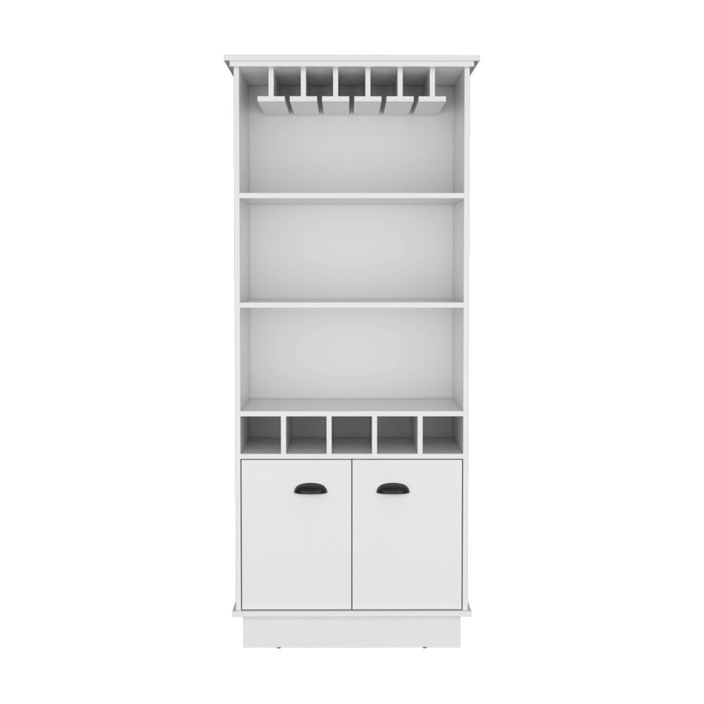 White wood bar cart with shelves, wine glass rack, and two cabinets against a white background.