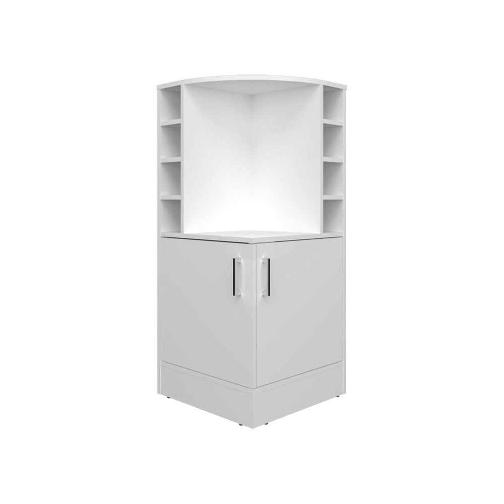 White wood corner bar cart with open shelves and two cabinet doors against a white background.