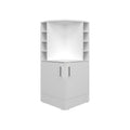 19" White Wood Bar Cart. Bar cart isolated on a plain white background, showing a white wood surface.