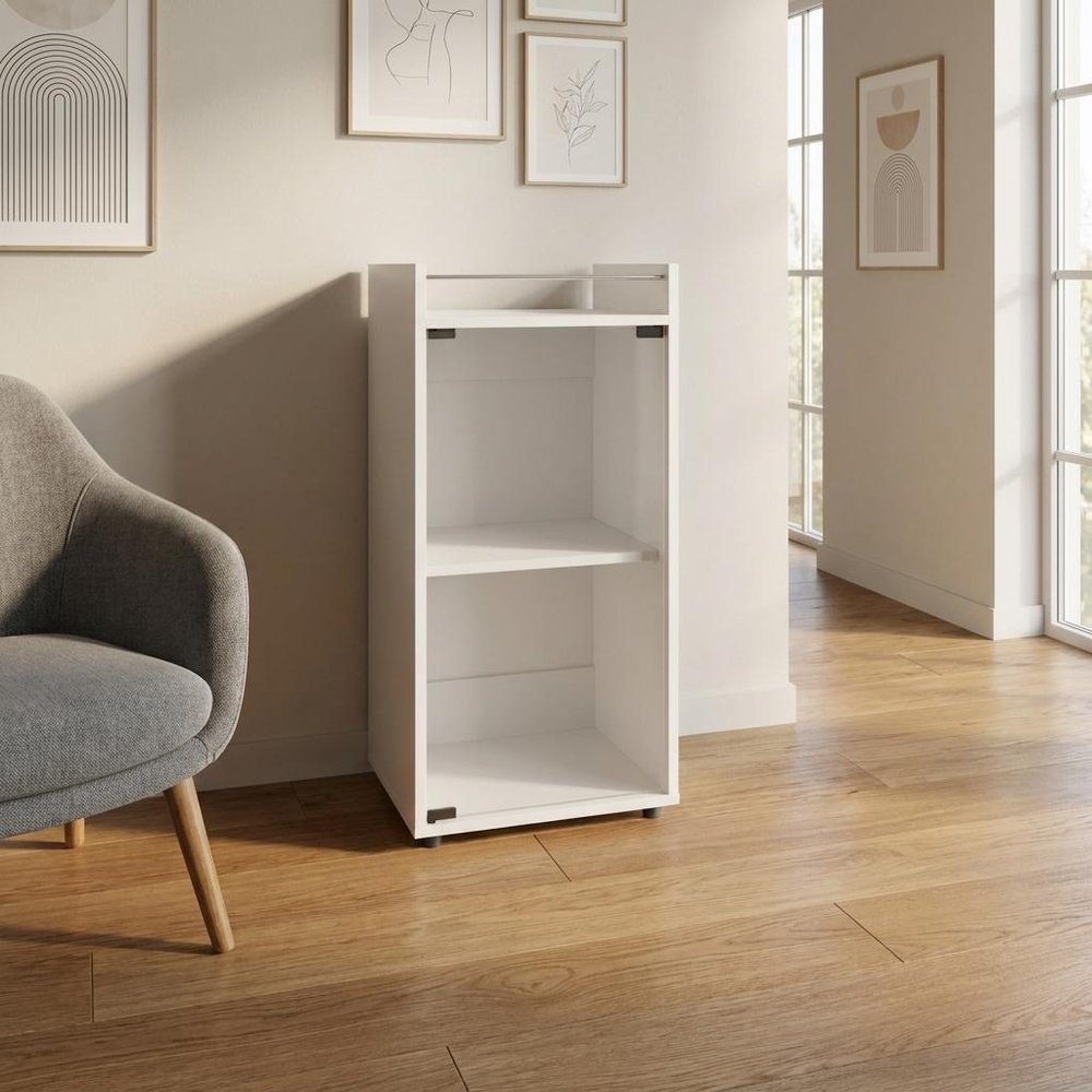 15" White Wood Bar Cart styled in a furnished interior with a tan wall on a wood floor.