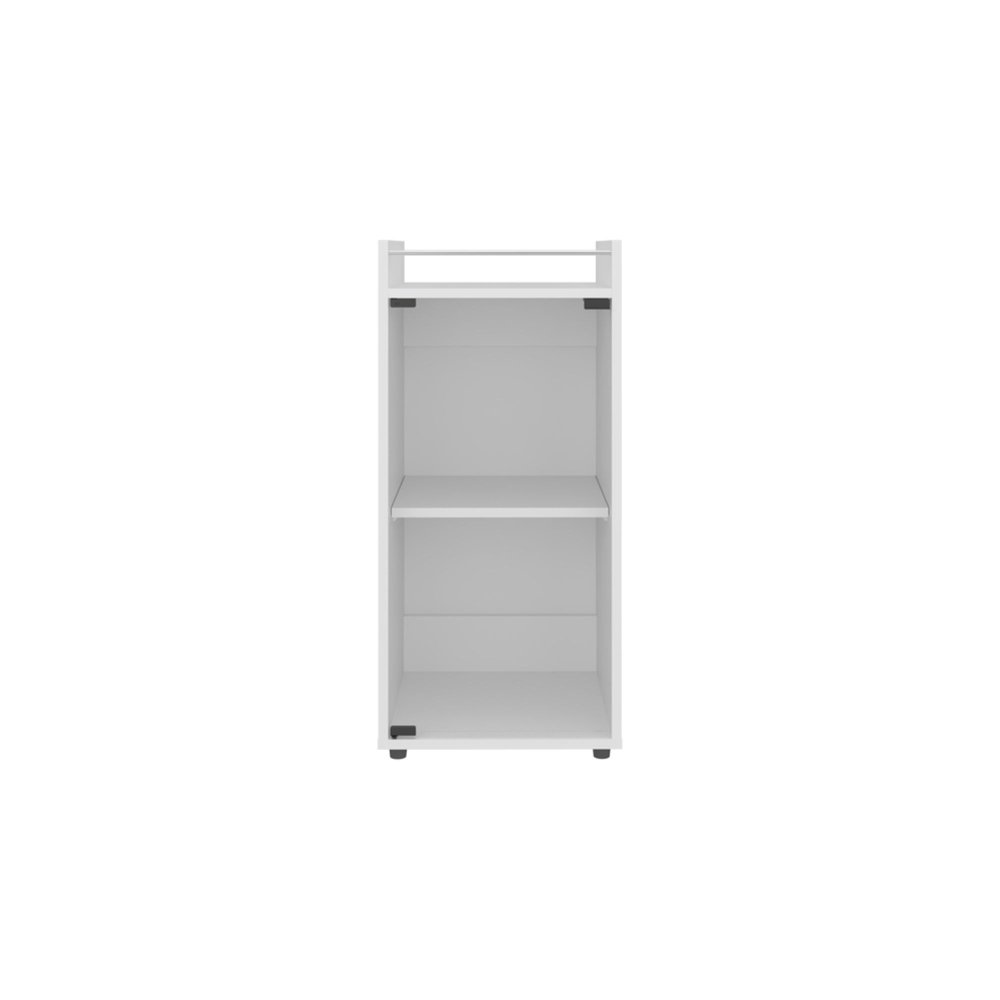White wood bar cart with two shelves and a metal rail on top, shown against a white background.