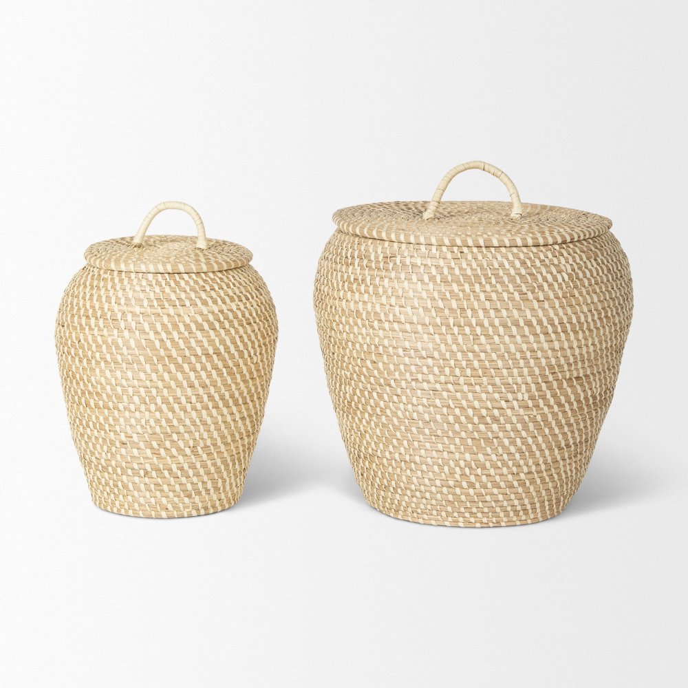 Set of Two Brown Seagrass Basket With Lid
