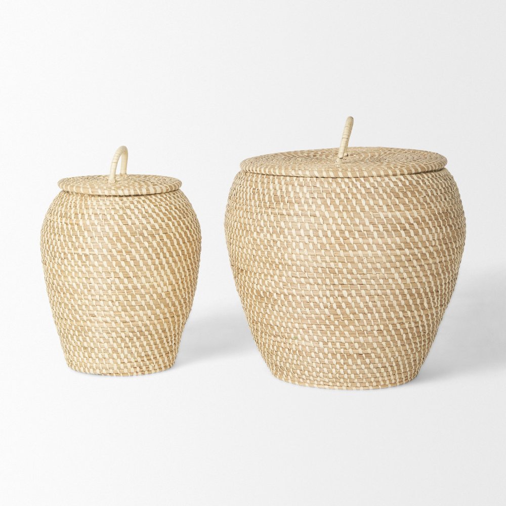 Set of Two Brown Seagrass Basket With Lid