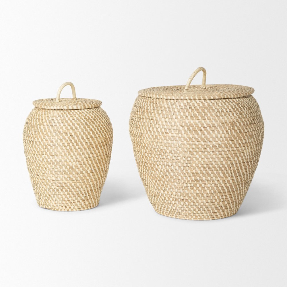 Set of Two Brown Seagrass Basket With Lid