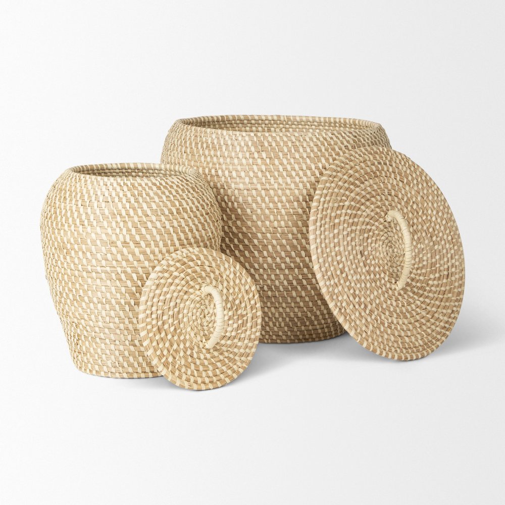 Set of Two Brown Seagrass Basket With Lid