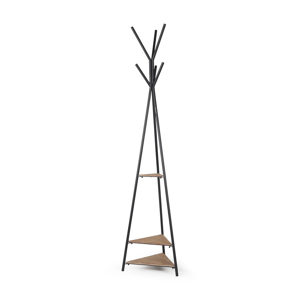 Black metal coat rack with three triangular shelves against a white background.