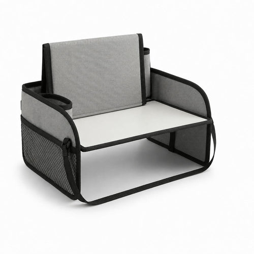 Gray fabric and plastic car seat tray with mesh pockets and cup holders on a white background.