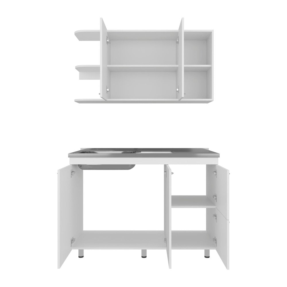 White wood china cabinet with open doors and shelves, and a white wood kitchen base cabinet with sink and stovetop.