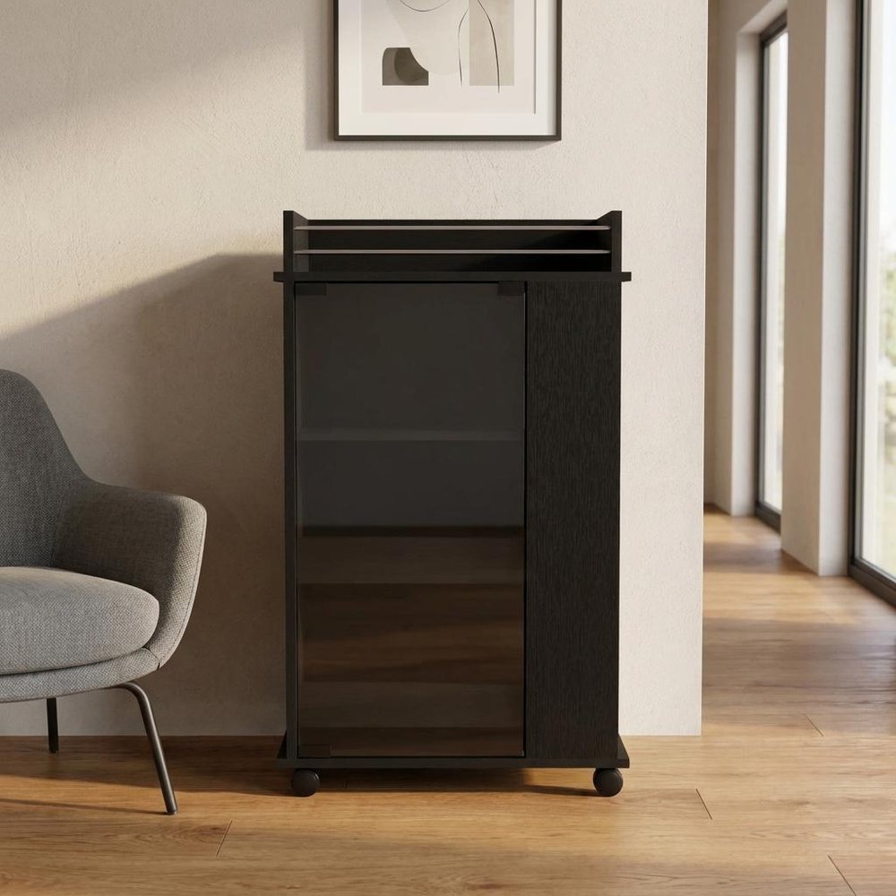 22" Black Wood Rolling Bar Cart