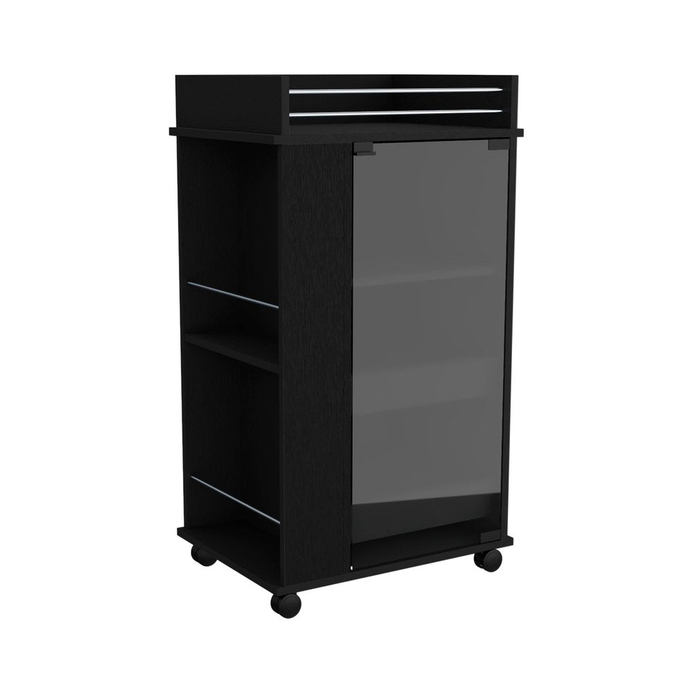 Black wood rolling bar cart with a glass door and open shelves on a white background.