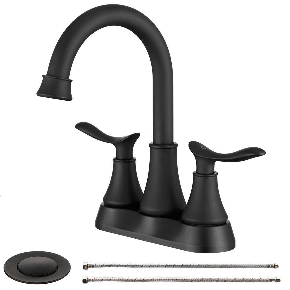 Black stainless steel centerset faucet with two handles and a curved spout on a white background.