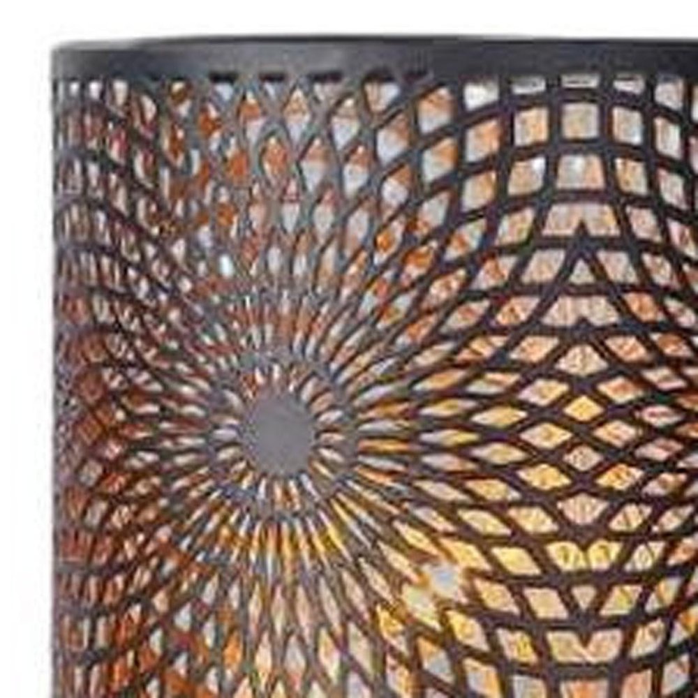 8" Black Metal Pierced Geometric Desk Lamp With Cylinder Shade close-up detail
