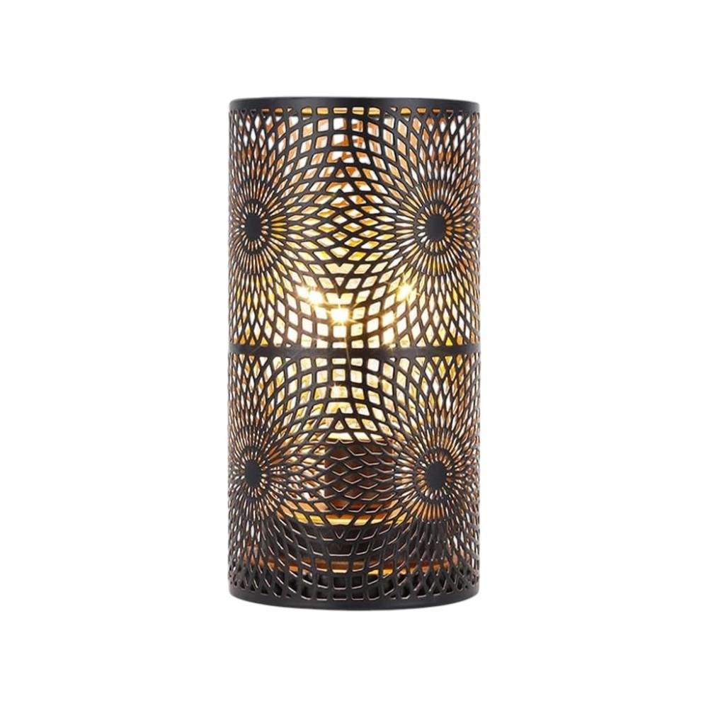 8" Black Metal Pierced Geometric Desk Lamp With Cylinder Shade on a white background