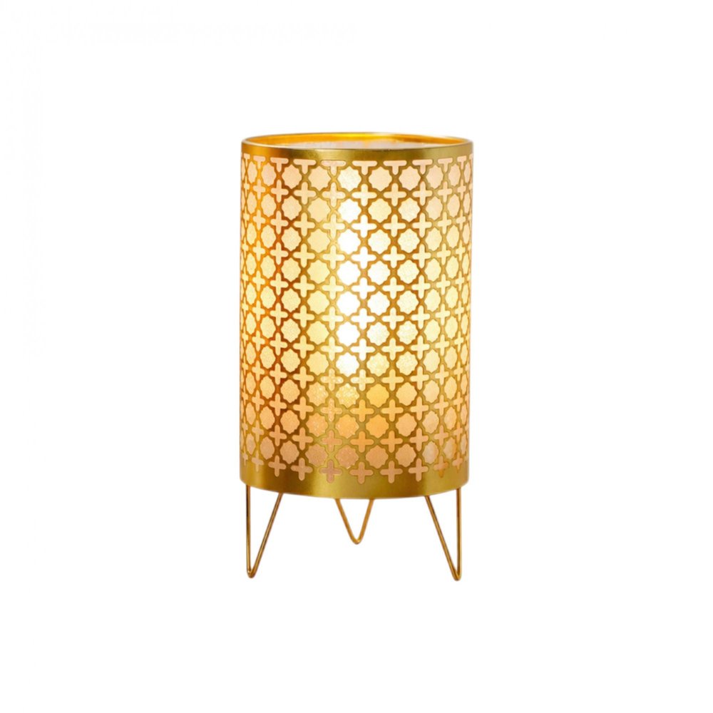 9" Gold Metal Pierced Novelty Desk Lamp With Cylinder Shade