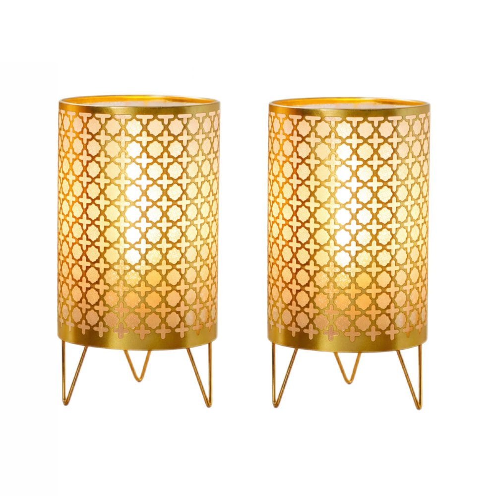 9" Gold Metal Pierced Novelty Desk Lamp With Cylinder Shade