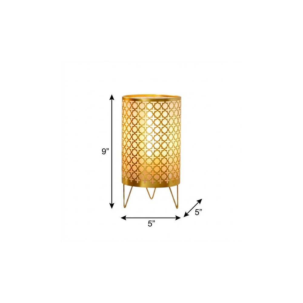 9" Gold Metal Pierced Novelty Desk Lamp With Cylinder Shade