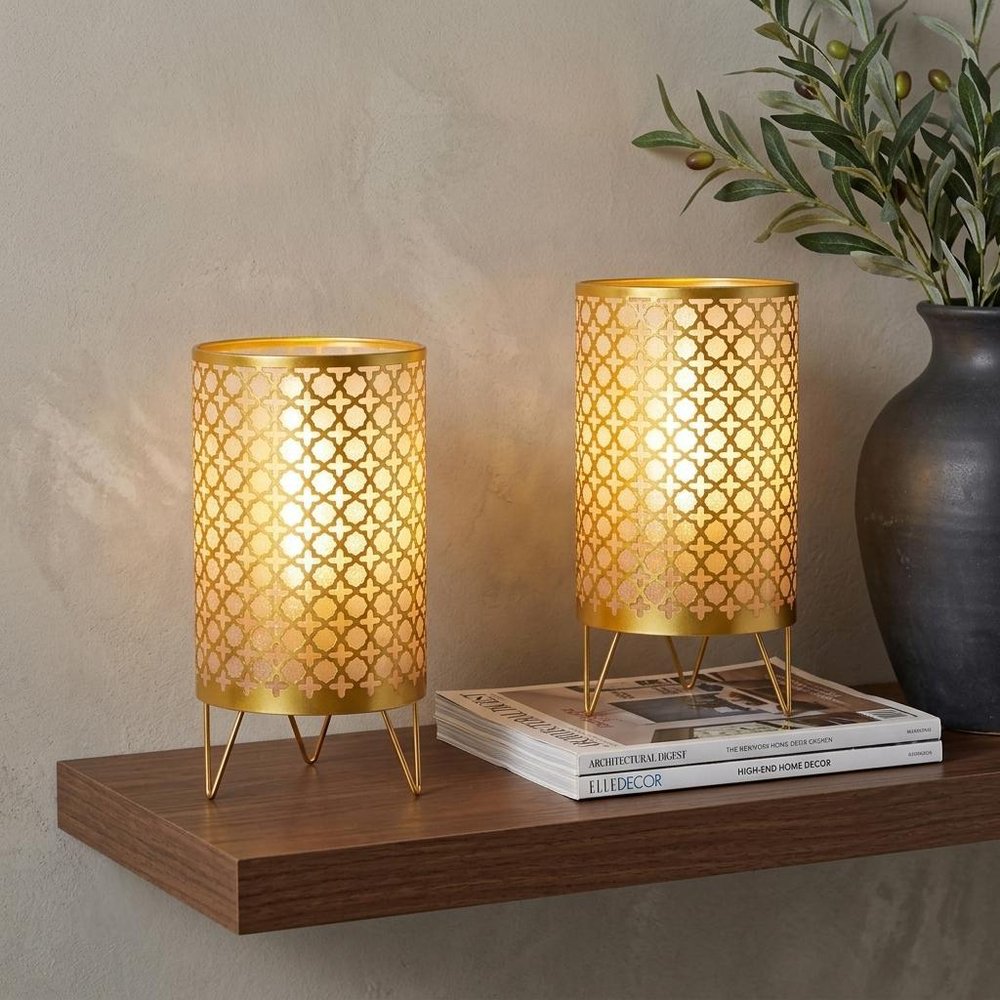 9" Gold Metal Pierced Novelty Desk Lamp With Cylinder Shade