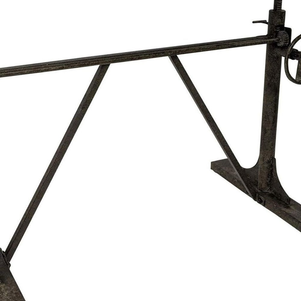 Adjustable Light Gray and Charcoal Solid Wood and Iron Trestle Standing Desk on a white background