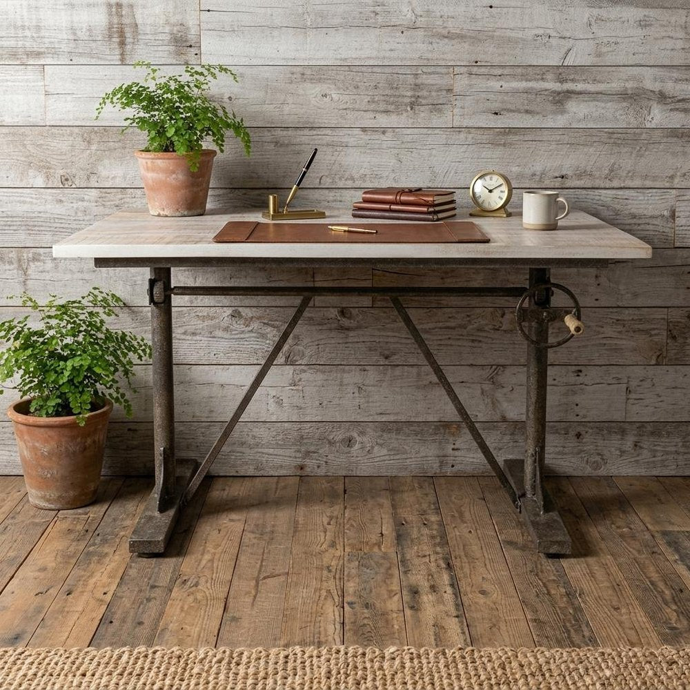 Adjustable Light Gray and Charcoal Solid Wood and Iron Trestle Standing Desk in a home interior