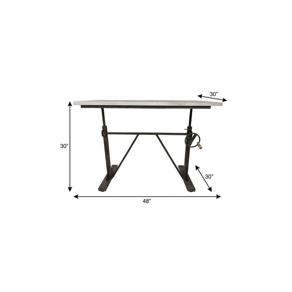 Adjustable Light Gray and Charcoal Solid Wood and Iron Trestle Standing Desk on a white background