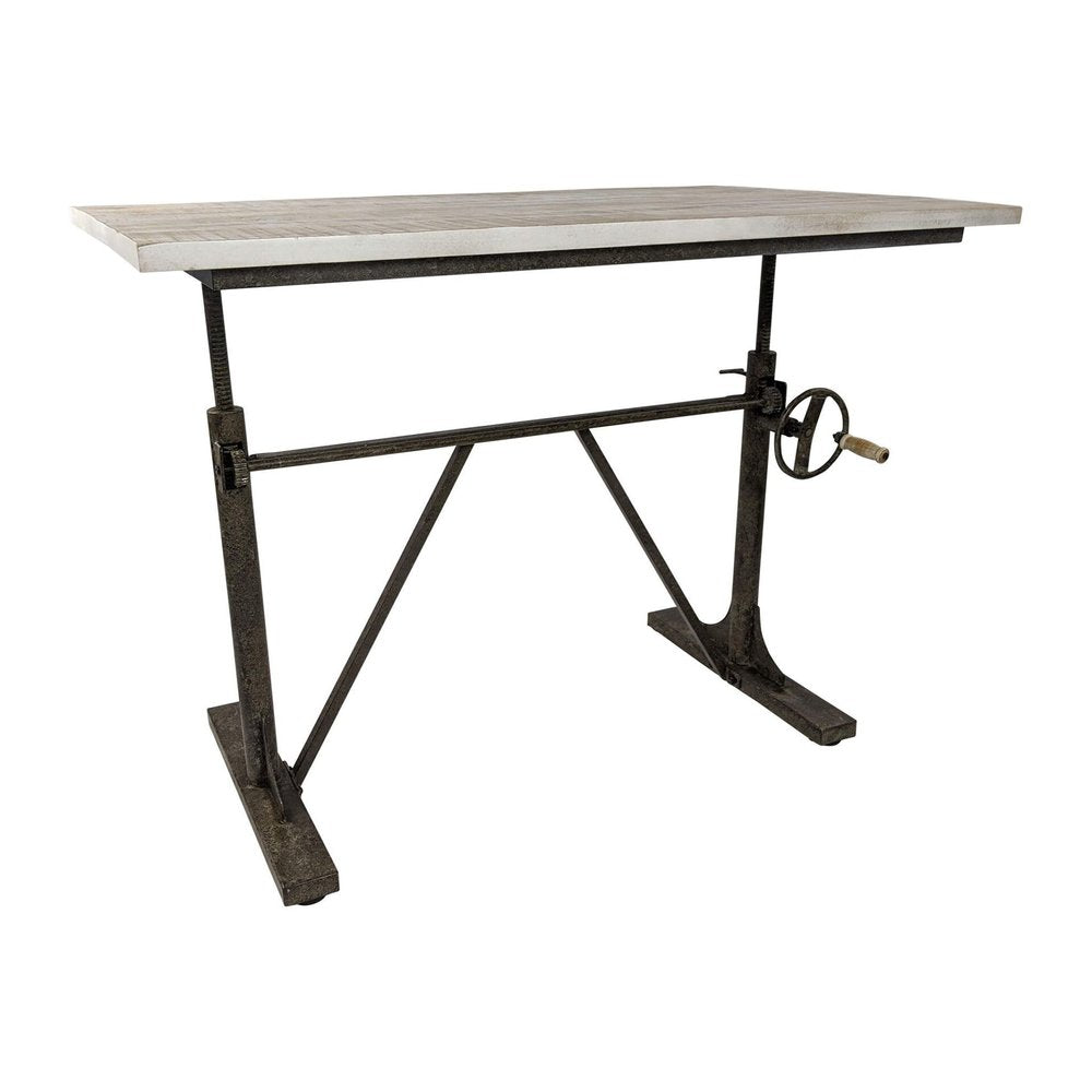 Adjustable light gray and charcoal solid wood and iron trestle standing desk with crank.