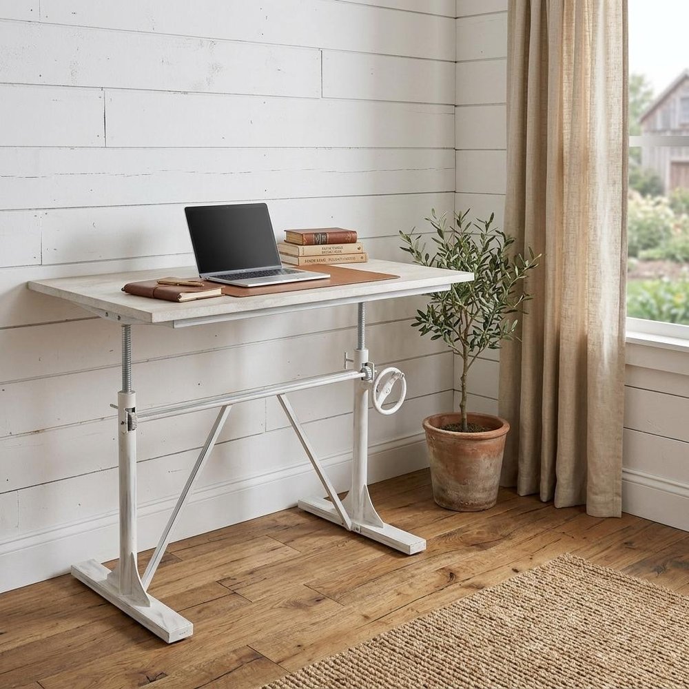 Adjustable Antiqued White Solid Wood and Iron Trestle Standing Desk in a home interior