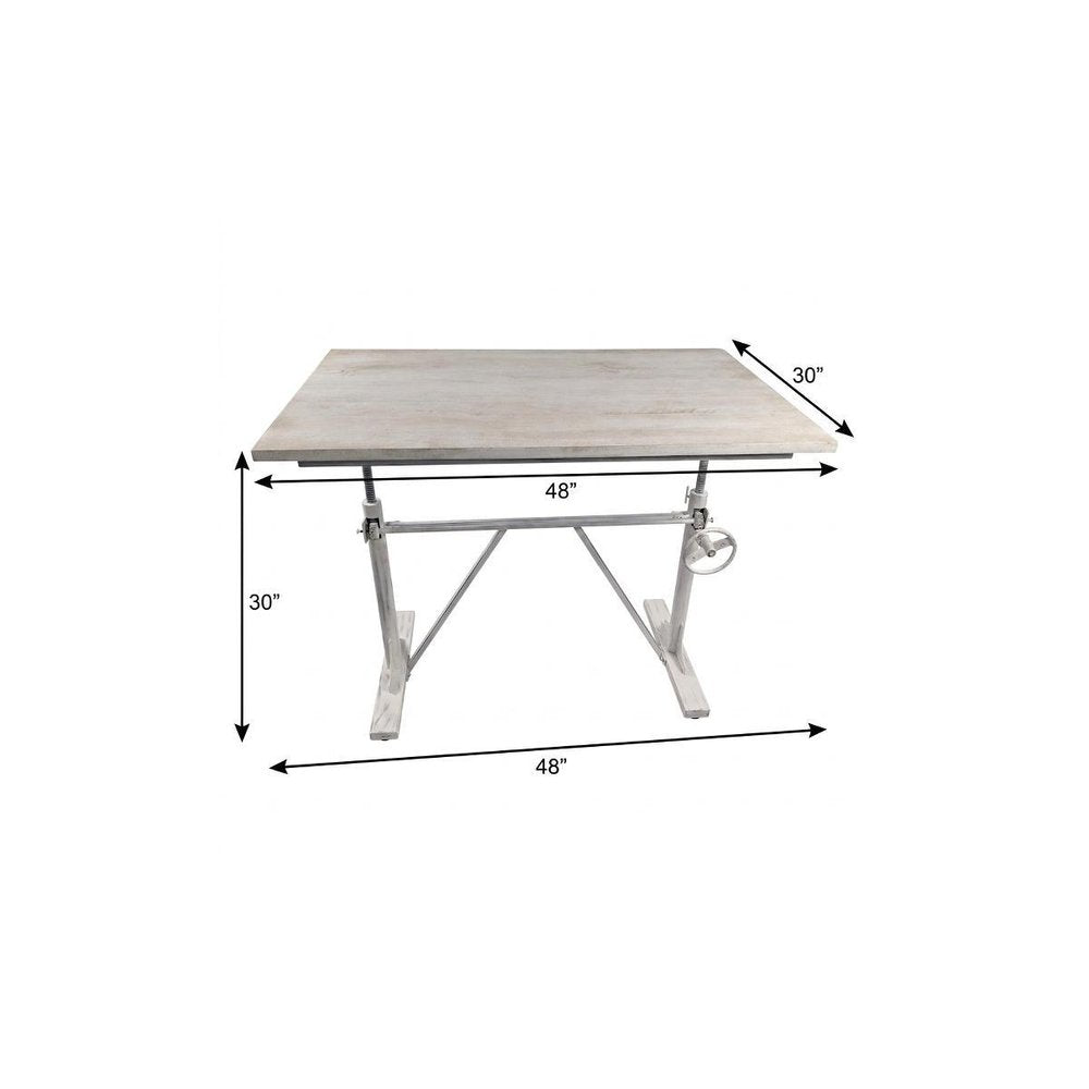 Adjustable Antiqued White Solid Wood and Iron Trestle Standing Desk on a white background
