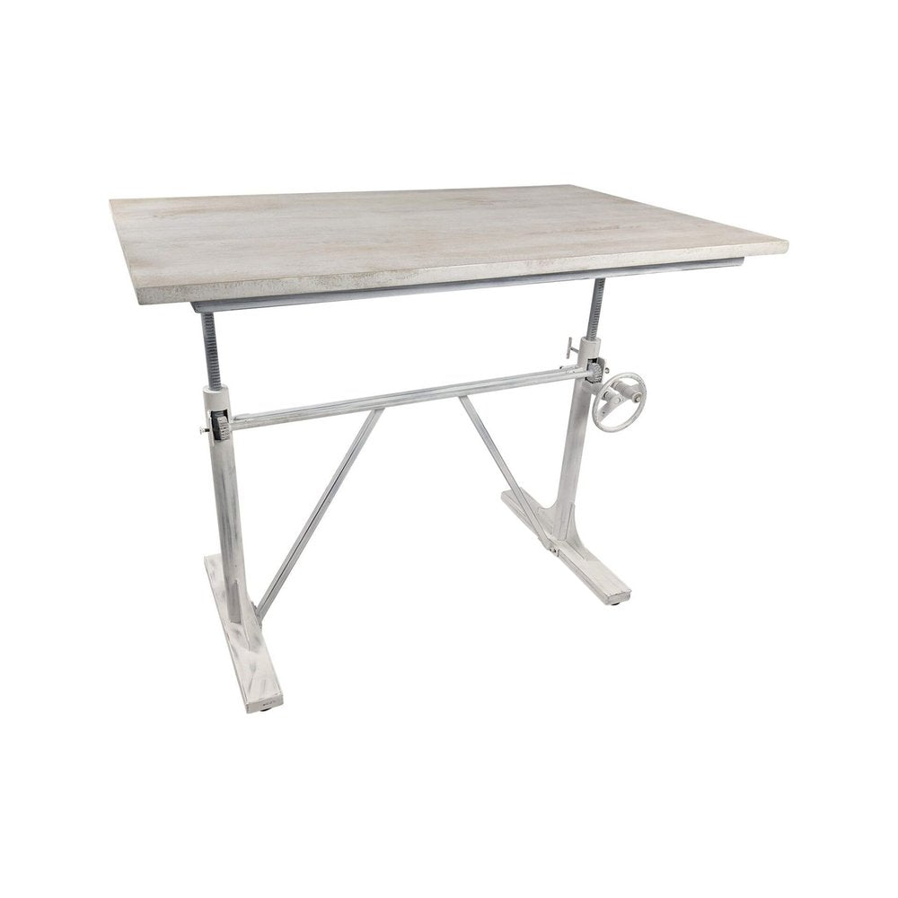 Adjustable antiqued white solid wood and iron trestle standing desk with a crank mechanism on a white background.