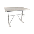 Adjustable Antiqued White Solid Wood and Iron Trestle Standing Desk on a white background