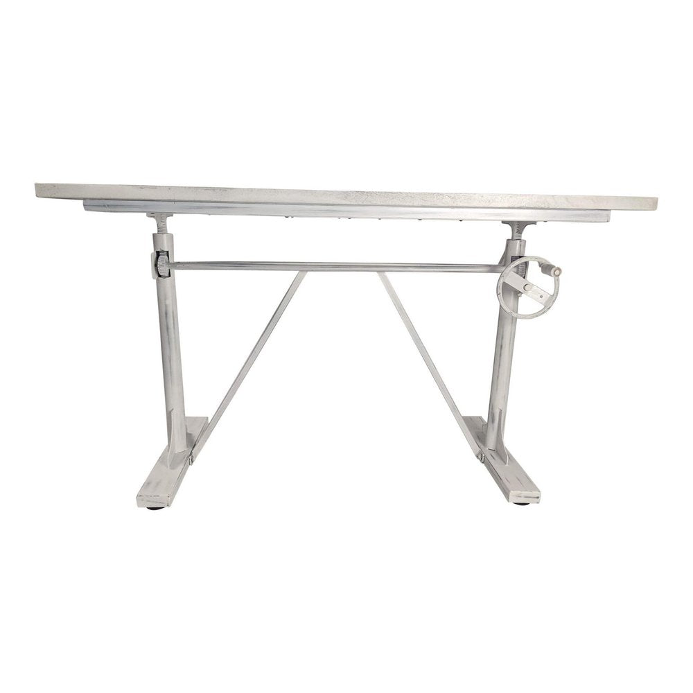 Adjustable Antiqued White Solid Wood and Iron Trestle Standing Desk on a white background