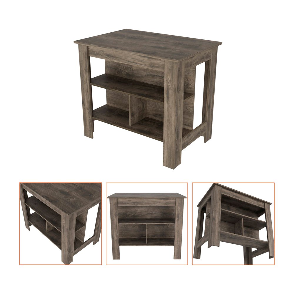 Brown wood kitchen island with open shelving, shown from multiple angles on a white background.