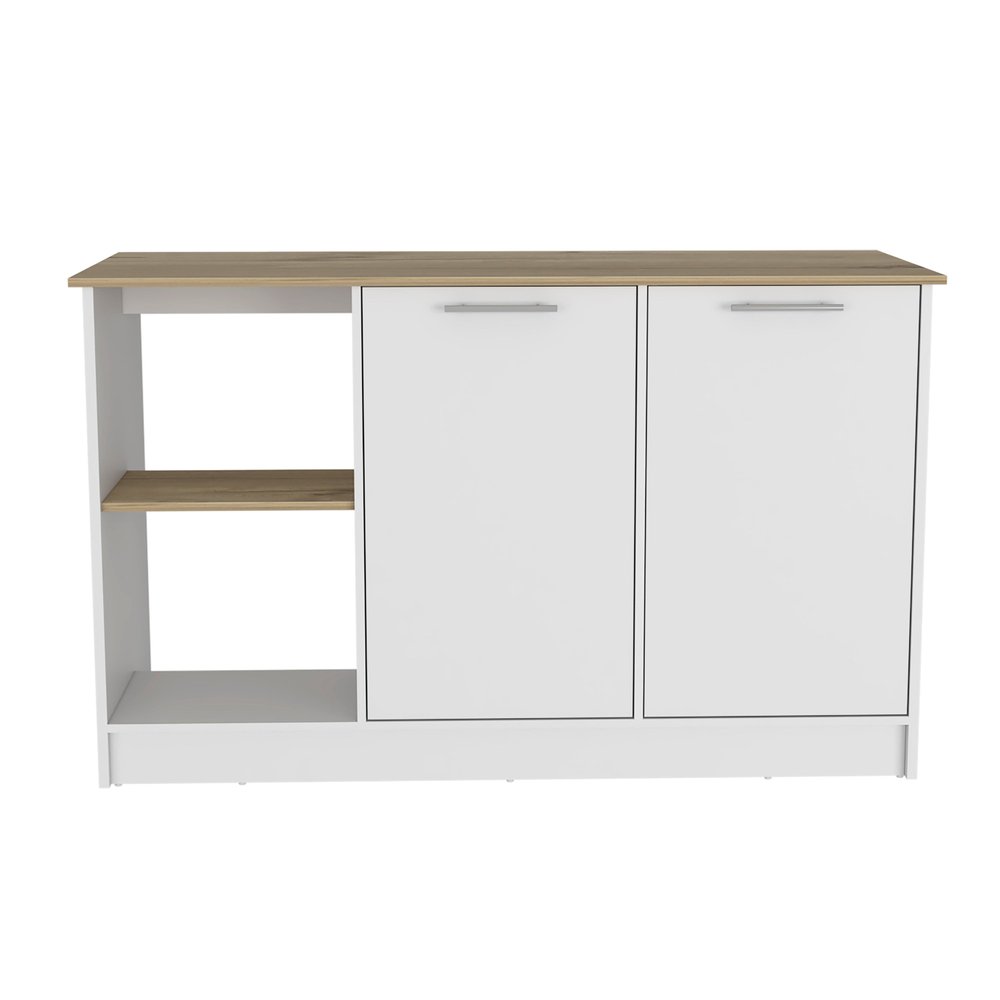 White wood kitchen island with two cabinet doors and open shelving, topped with a light wood finish, on a white background.