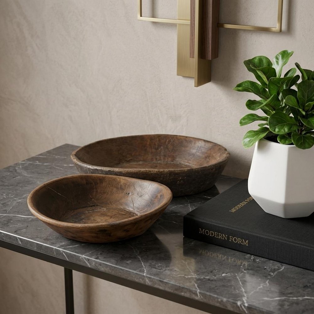 Set of Two Brown Solid Wood Round Centerpiece Bowl in a home interior
