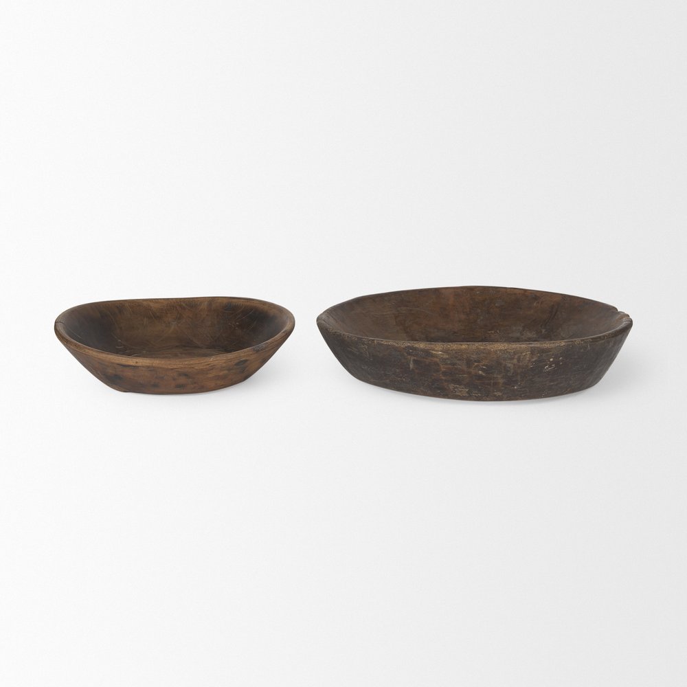 Set of Two Brown Solid Wood Round Centerpiece Bowl