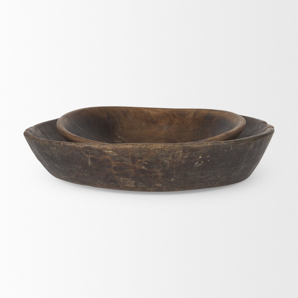 Set of Two Brown Solid Wood Round Centerpiece Bowl