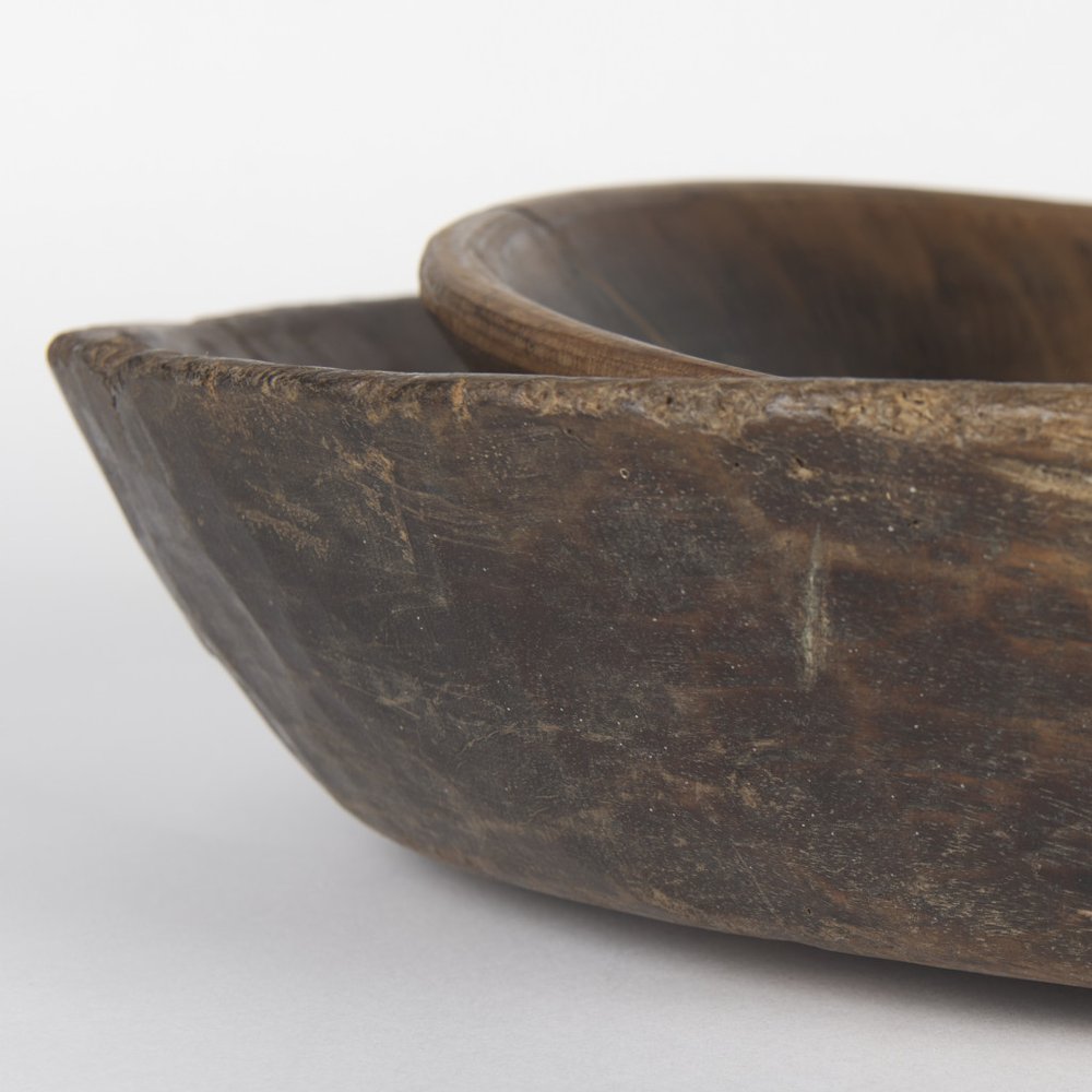 Set of Two Brown Solid Wood Round Centerpiece Bowl